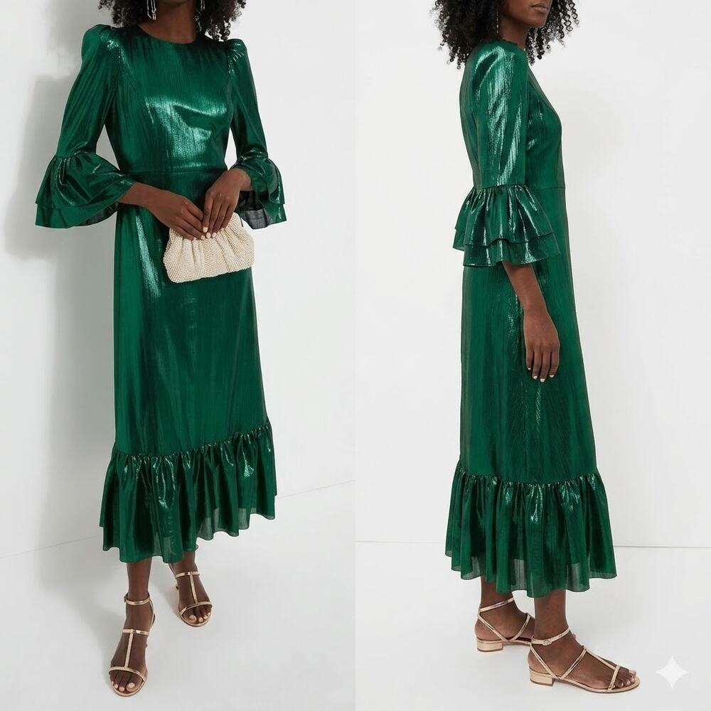 POMANDER PLACE  Green Lillith Lined Maxi Metallic Dress Size S NWT
